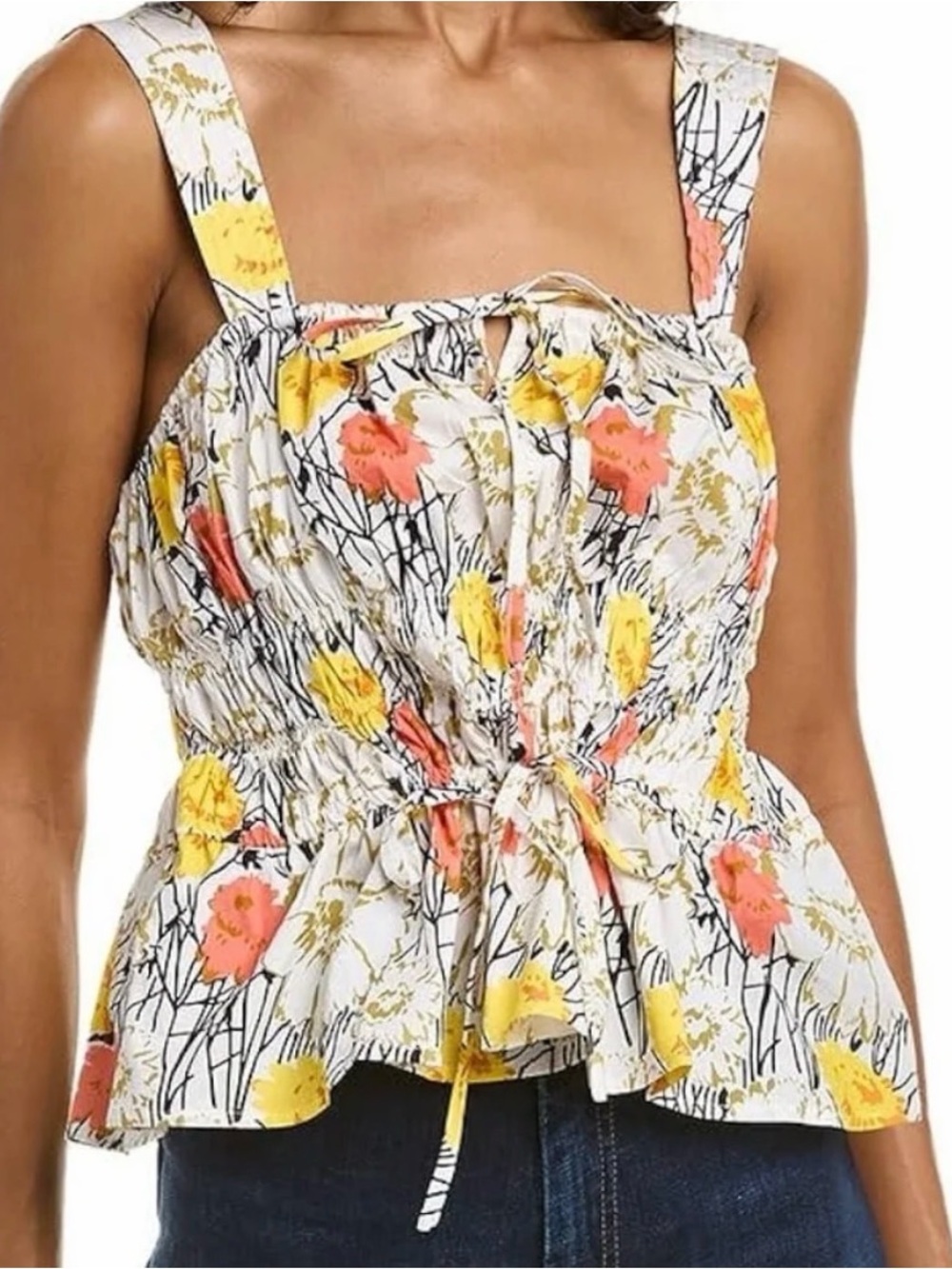 BCBGMaxAzria White Floral Tie-Front Peplum Camisole